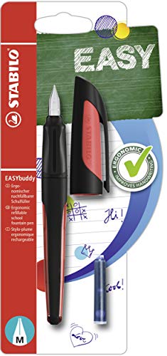 Penna Stilografica Ergonomica per bambini - STABILO EASYbuddy in Nero/Rosso - Punta Standard - Cartuccia Blu inclusa
