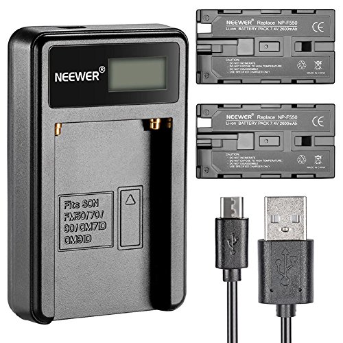 Neewer 90086570, Caricabatterie con Connettore Micro USB e Confezione da 2 Batterie di Ricambio 2600mAh NP-F550/570/530 per Sony Handycam, Neewer Nanguang CN-160, CN-216, CN-126 Luci LED, Luci On-fotocamera Polaroid