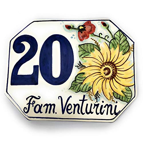 CERAMICHE D'ARTE PARRINI- Ceramica italiana artistica numero civico in ceramica 15x12 personalizzato decorazione girasole e papavero mattonella fatta a mano made in ITALY Toscana