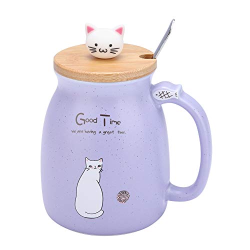 TOPINCN Tazza in Ceramica Lovely Cat Solid con Cucchiaio e Coperchio in Legno Coffee Milk Milk Mug per Drinkware Gift Office Home 1Pc(Viola)