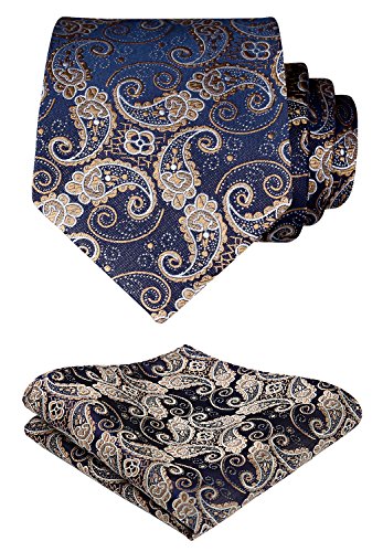 HISDERN Set di fazzoletti da uomo e fazzoletti da taschino con cravatta floreale extra lunga floreale (oro e blu)