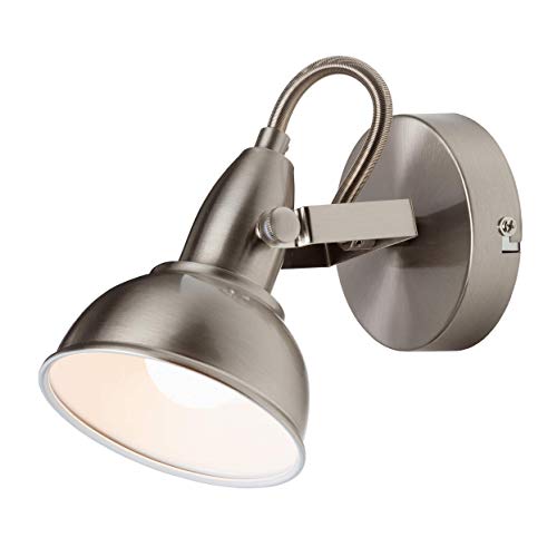 Briloner Leuchten - Faretto orientabile retro vintage, lampada da parete, attacco per lampadina E14 max. 40W non inclusa, paralume Ø10.5cm, luce da muro in metallo satinato e bianco all’interno