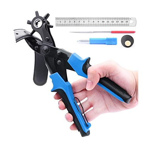 BONROB Pinza Fustellatrice, Pinza Perforatrice a Revolver, Buco Cintura con Punch Pad, Cacciavite, Righello per Cuoio, Cintura, Sella, Scarpe, Carta BO003