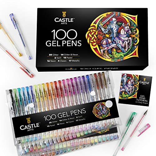 Castle Art Supplies - 100 penne gel con custodia, per bambini e adulti. Colorare libri, disegnare, scrapbooking, scrivere. Kit di pennarelli con swirl, pastello, metallizzato, glitter e neon