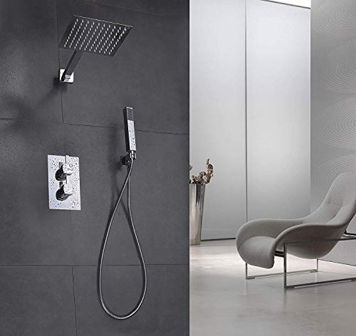 Elbe Sistema doccia a parete in acciaio inox e ottone, Set doccia con termostato, soffione quadrato 20 x 20 cm