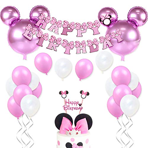 JOYMEMO Decorazioni di Compleanno Minnie per Bambine Forniture per Minnie Rosa con Palloncini Minnie Mouse, Happy Birthday Ghirlanda e Cake Topper