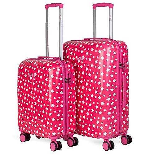 ITACA - Set di 2 valigie per bambine 4 ruote doppie girevole. Trolley in policarbonato stampato. Rigide, resistenti, e leggere. Lucchetto integrato. Piccola e Mediana. 702400, Color Fucsia