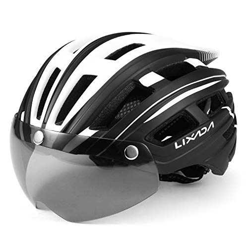 Lixada Mountain Bike Helmet Casco da Motociclismo con Luce Posteriore Staccabile Visiera Magnetica UV Protettiva (Nero Bianco)