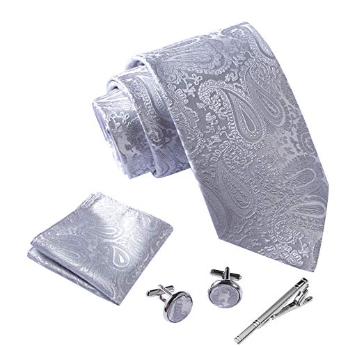 Massi Morino ® Cravatta uomo + Gemelli + Fazzoletto (Set cravatta uomo) regalo uomo con confezione regalo (Paisley grigio)