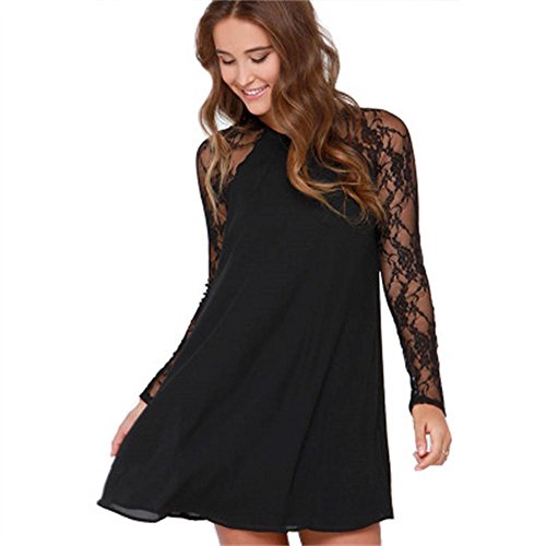 GWEI】Vestiti Donna Eleganti Ragazza Invernali di Moda in Pizzo Giuntura Chiffon delle Abiti Cerimonia Rotondo Collo Corti Manica Lunga Linea AD A Estivi Ragazza Vestitini Tulle (XL)