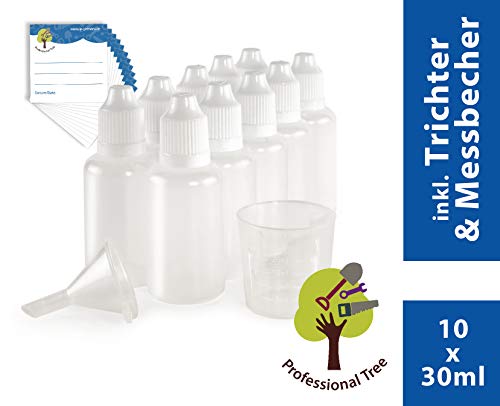 ProfessionalTree® flaconcini contagocce da 10x30 ml con Imbuto, misurino, 10 Etichette - conservare e dosare Sostanze liquide - Chiusura di Sicurezza per Bambini - qualità LDPE