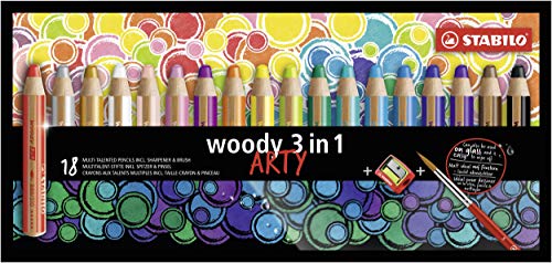 STABILO Matita colorata Multi-Funzione woody 3 in 1 - ARTY - Astuccio da 18 - con Temperino e Pennello - Colori assortiti