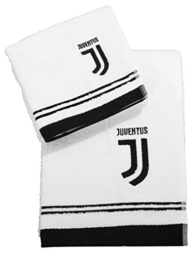 Juventus Set Spugna Coppia 2 Pezzi 1+1 OSPITE 40 x 60 + Asciugamano 60 x 100 Asciugamani 100% Spugna di Puro Cotone Bianco Nero