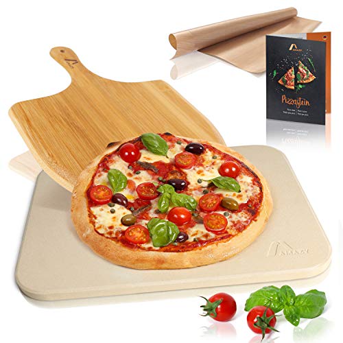 Amazy Pietra refrattaria per pizza da forno, incl. Pala in bambù, Carta da forno riutilizzabile e Ricettario –Pietra pizza dal sapore italiano (38x30x1,5cm)