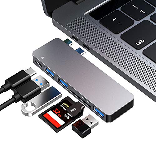 Hub USB C, adattatore hub tipo C, 3 porte USB 3.0, lettore di schede TF / SD, alimentazione USB-C, adattatore 6 in 1 in alluminio per MacBook Pro 13 ,Macbook Air 13″ 2018（grigio)