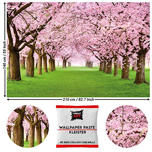 GREAT ART Photo Carta da Parati – Fiori di ciliegio –Decorazione Primavera Giardino Piante Bosco Parco Natura Albero Viale Murales ales Cherry Tree – 210 x 140 cm 5 pezzi e colla