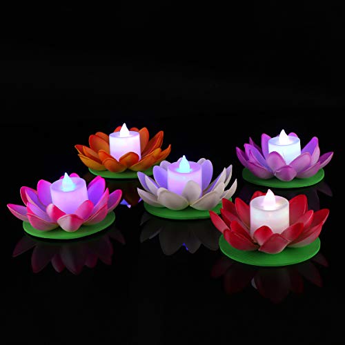 OSALADI LED Floating Light, Lotus Flower Wishing Pond Light, Lotus Candle Flowers Lampada galleggiante per piscina Pond (5pcs, 11.5cm, luce colorata)
