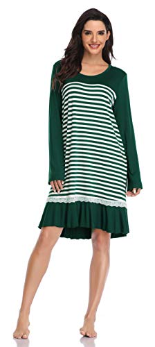 SHEKINI Camicie da Notte in Modale con Volant Manica Lunga Pigiama T-Shirt Vestito Sciolto Premaman Camicia da Notte a Righe(Verde,S)