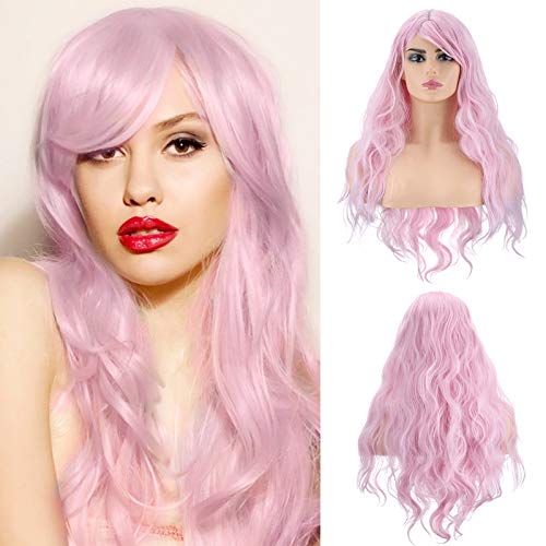 Makone Parrucche ricci lunghi, parrucca sintetica ondulata naturale Capelli ricci lunghi in fibra resistente al calore per Parrucche da 30 pollici per feste in cosplay Partito Halloween (Pink)