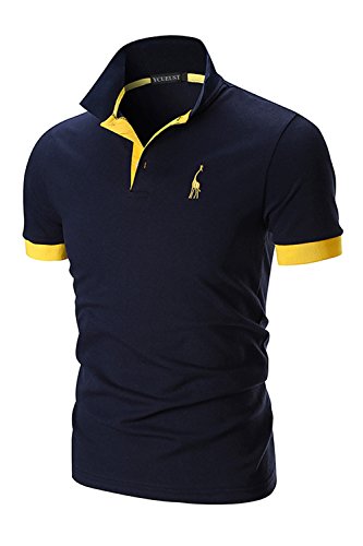 YCUEUST Uomo Cotone Giraffa Ricamo Manica Corta Polo Tennis Golf Casual T-Shirt Blu X-Large