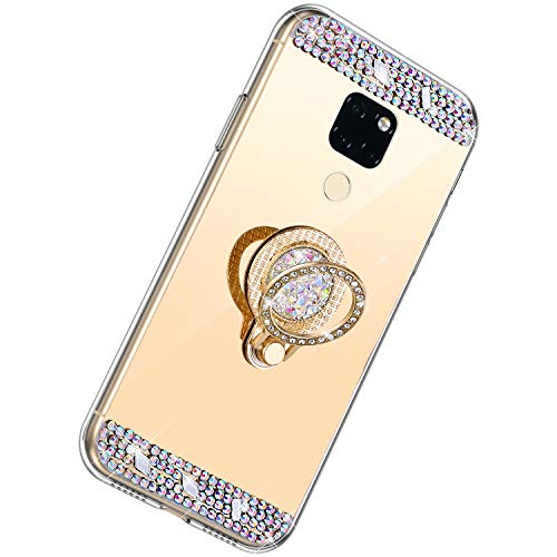 Herbests Cover per Huawei Mate 20 Custodia Morbido Cover Specchio Ultra Slim Sottile Antiurto TPU Silicone Custodia Brillantini Diamond Strass Cover Case con Supporto Anello,Oro