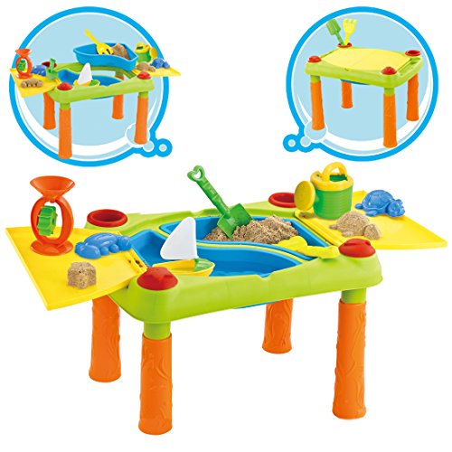 deAO Tavolo da Gioco con Acqua e Sabbia attività per Bambini all'Aperto Tavolo con Due Compartimento e Copertura Doppia Include 12 Accessori