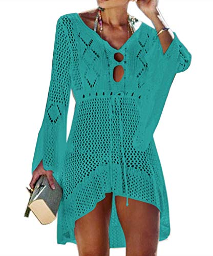 Jinsha Abito da Spiaggia Allentato da Donna Bikini Allentato a Manica Lunga con Scollo a V Coprire Costumi da Bagno Coprire Tunica fluida Camicetta per Le Vacanze(Green)