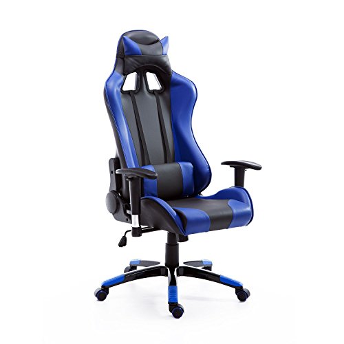 homcom Poltrona da Ufficio Gaming Girevole Reclinabile con Sostegno Lombare e Collo Ecopelle 67 x 67 x 123-132cm Nero-Blu