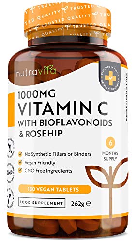 Vitamina C 1000mg con Bioflavonoidi e Rosa Canina - Fortificana e Rafforza il Sistema Immunitario - 180 Compresse Vegane - Fornitura Per 6 Mesi - Prodotto nel Regno Unito da Nutravita