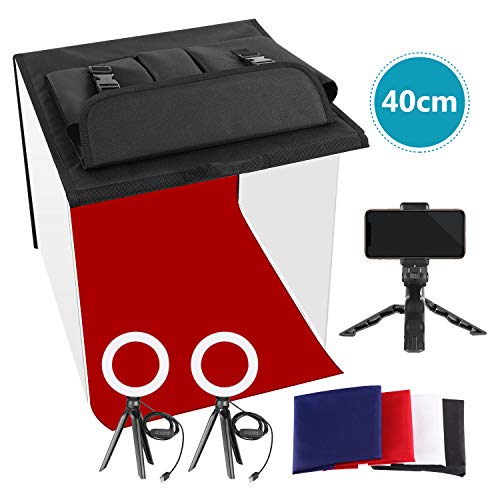 Neewer Kit Studio Photo Light Box, 40x40cm Illuminazione Continua con 3 Supporti per Treppiedi, 2 LED Luci Anulari,4 Colori Fondali e Supporto di Telefono per Riprese di Prodotti Gioielli o Cibi