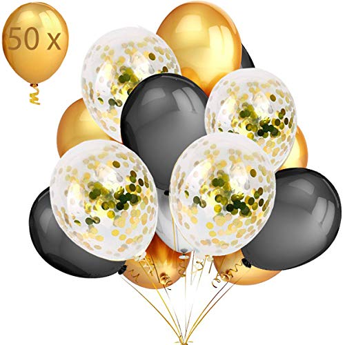 50 Palloncini Oro Nero e Confetti Balloon, 40 Palloncini Classici + 10 Palloncini di Coriandoli Dorati.Decorazioni e Accessori per Feste di Compleanno,Laurea e Capodanno