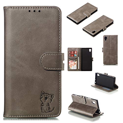 Robinsoni Cover Compatibile con Sony Xperia XA1 Custodia Pelle Cover Retro Flip Case Gatto Cover Portafoglio Magnetica Libro Cuore Custodia Libretto Antiurto Cover Supporto Stand Wallet Case, Grigio