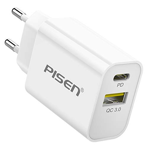 PISEN Caricatore USB C, PD Caricatore USB C da Muro 2 Porte con 18W Power Delivery e Quick Charge 3.0 per iPhone 11 PRO/XS/XR/X/8, iPad PRO, MacBook/MacBook PRO, Galaxy S10/S9, Xiaomi, LG etc.