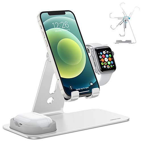 OMOTON 3 in 1 Supporto per Airpods e Apple Watch Regolabile, Stand Tavolo per Telefono, Stazione di Ricarica per Apple Watch SE/6/5/4/3/2/1, Dock per iPhone 12, SE, 11 PRO, Airpods 1,2, PRO, Argento