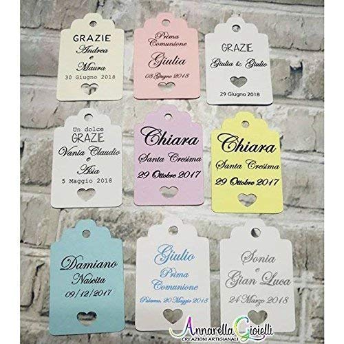 Cartellini per bomboniera personalizzati, vari colori, 30x45 millimetri, a partire da 20 pezzi, bomboniere, multicolor, etichette,matrimonio, battesimo, comunione, cresima, tag cuore