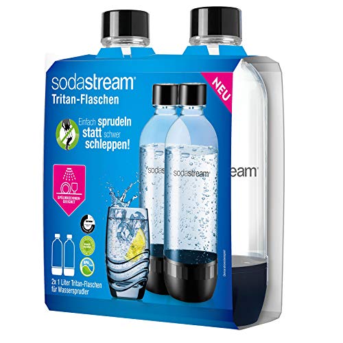 SodaStream 2 Bottiglie per gasatore d'acqua, Universali, Lavabili in Lavastoviglie, Capienza 1 litro, Trasparenti, Compatibili con modelli gasatori SodaStream Jet, Spirit, Source, Power, Play