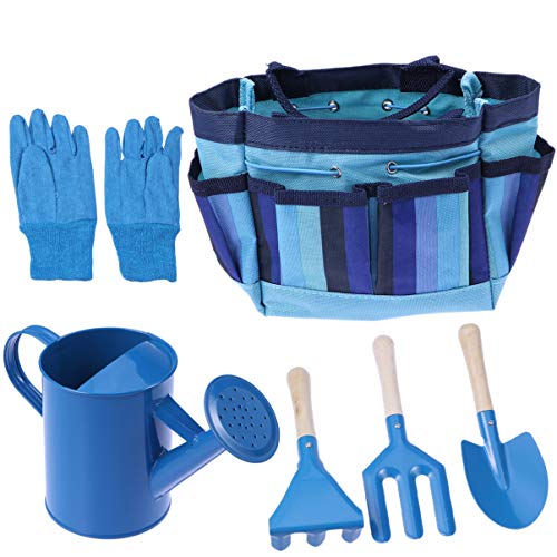 Ounona - Attrezzi da giardinaggio per bambini, con guanti da giardino, borsa per attrezzi da giardinaggio per bambini, colore blu