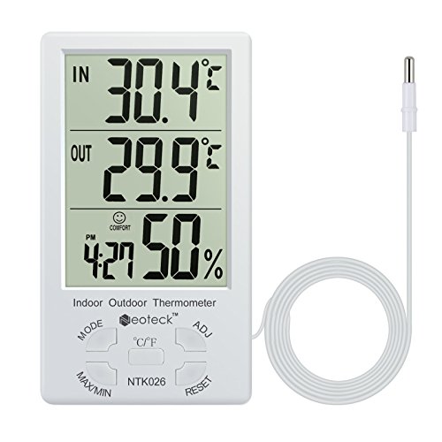 Neoteck Digitale LCD Termometro Igrometro Interno Esterno Misuratore Temperatura Umidità Valore Min/Max con Funzione Sveglia e 1.5M Filo di Sensore per Controllo di Aria Condizionata - Bianco