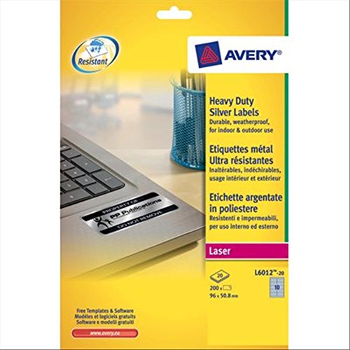 Avery L6012-20- Set di Etichette per Identificare Cavi ElettriciArgento, 96x50,8, 200 Pezzi