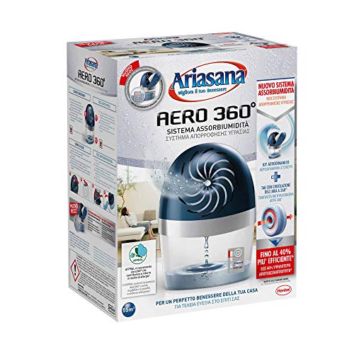 Ariasana Aero 360° kit assorbiumidità, deumidificatore ricaricabile non elettrico, assorbi umidità contro condensa, muffa e cattivi odori, 1 dispositivo e 1 ricarica in Tab da 450g