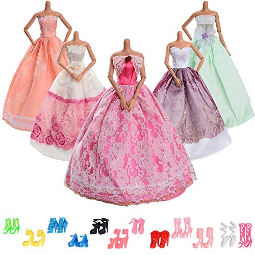 ASIV 5 pezzi Moda Vestito da principessa,12 paia di scarpe Abiti Festa di matrimonio per Bambola Barbie