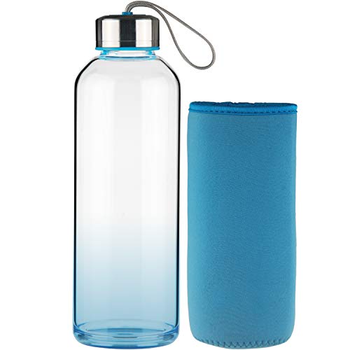 FCSDETAIL Sport Bottiglia per Acqua, Bottiglia per Acqua in Vetro con Custodia in Neoprene con Tappo in Acciaio Inox 1000 ml Blue