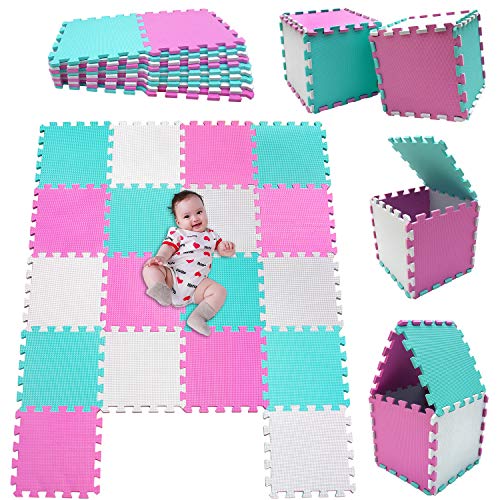 MSHEN Tappeto Puzzle con Certificato CE e Certificazione in Soffice Schiuma Eva | Tappeto da Gioco per Bambini | Tappetino Puzzle...dimensione1.62 mq,bianco-rosa-turchese-010308g18