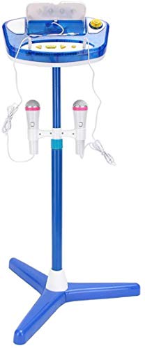 deAO Microfoni Karaoke Duo per Bambini Set 2 Microfoni con Amplificatore e Supporto, Porta USB Esterna e Luci a LED (Blu)