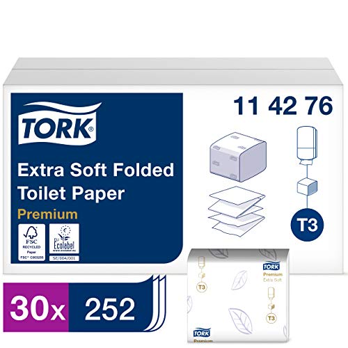 Tork 114276 Carta Igienica Intercalata Extra Soft Premium, compatibile con sistema T3, 2 veli, 30 conf. x 252 (7560 fogli), bianco