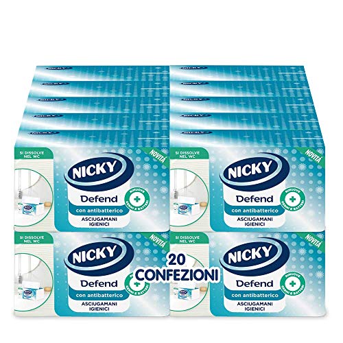Nicky Defend Asciugamano Antibatterico Monouso | 20 Confezioni da 100 asciugamani a 2 veli per scatola | Morbido e Resistente, trattiene germi e batteri | Carta 100% Pura Cellulosa Biodegradabile