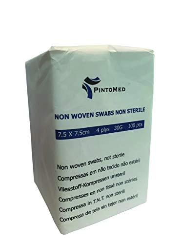 PintoMed - Compressa in TNT - Tamponi di garza di cotone - non sterile, 4 ply, 7,5cm x 7,5cm, Pack 100