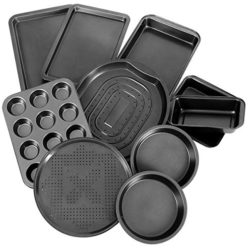 Goplus Set da Forno di 10 Pezzi, Set Pasticceria con Rivestimento Antiaderente, Set Teglie da Forno per Torta, Pizza e Muffin, d'Acciaio al Carbonio, Nero