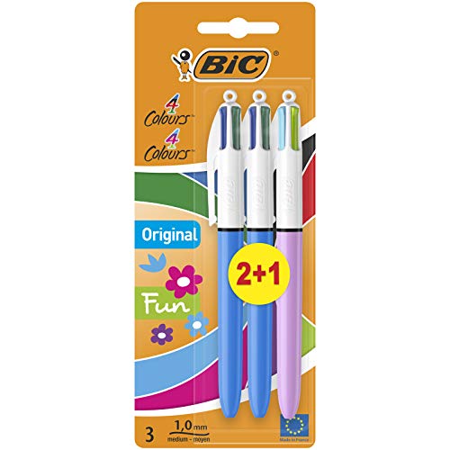 BIC 4 Colours Original e BIC 4 Colours Fun Penne A Sfera A Scatto Punta Media 1.0 mm, Pacco Misto da 2+1