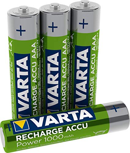 Varta Batteria Ricaricabile AAA MiniStilo, 1000 mAh, Confezione da 4 Pezzi, Pre-caricate, Pronte all'Uso, Verde/Argento 05703301404